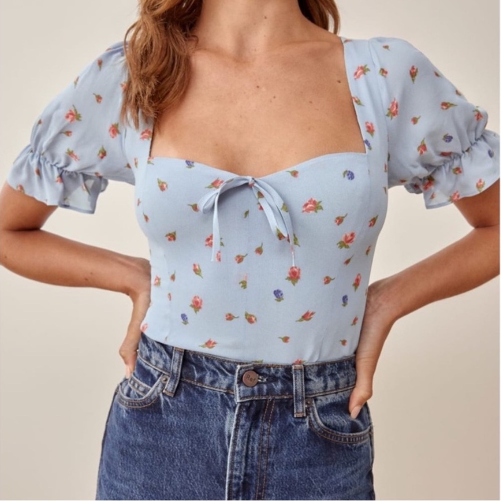 Reformation Light Blue Floral Tie-Front Puff Sleeve Top Size 10